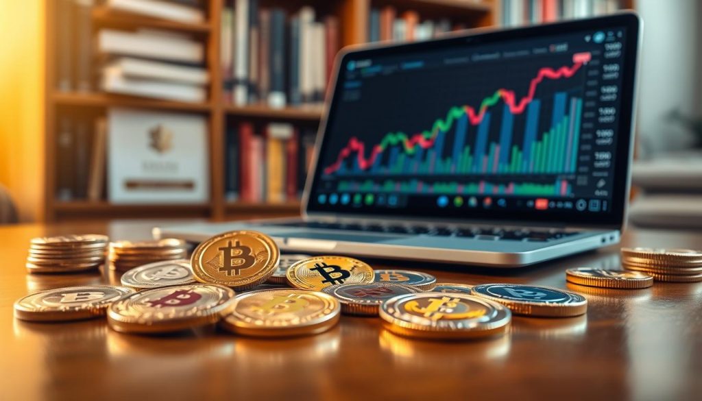 A close-up view of a diverse collection of promising cryptocurrency coins laid out on a polished wooden table. In the foreground, various coins featuring unique designs and vibrant colors gleam under warm, soft lighting, highlighting their intricate details. In the middle ground, a sleek laptop displays a financial chart with upward trends, symbolizing growth and investment potential. The background contains a blurred bookshelf filled with finance and investment books, creating a scholarly atmosphere. The image conveys professionalism and optimism, inviting the viewer to consider innovative investment opportunities in cryptocurrency. The angle is slightly tilted downward, creating depth and focus on the coins and the laptop while retaining a clean, refined aesthetic. A close-up view of a diverse collection of promising cryptocurrency coins laid out on a polished wooden table. In the foreground, various coins featuring unique designs and vibrant colors gleam under warm, soft lighting, highlighting their intricate details. In the middle ground, a sleek laptop displays a financial chart with upward trends, symbolizing growth and investment potential. The background contains a blurred bookshelf filled with finance and investment books, creating a scholarly atmosphere. The image conveys professionalism and optimism, inviting the viewer to consider innovative investment opportunities in cryptocurrency. The angle is slightly tilted downward, creating depth and focus on the coins and the laptop while retaining a clean, refined aesthetic.