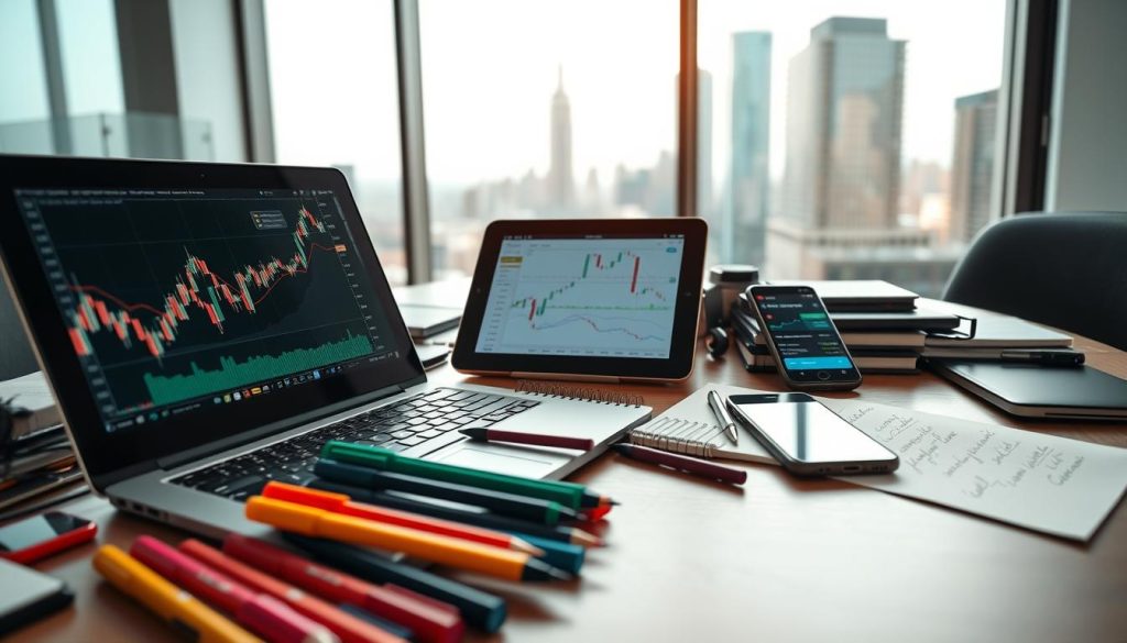 A cluttered desk in a professional office setting featuring various technical analysis tools used for day trading. In the foreground, display a sleek laptop open to a stock chart with candlestick patterns, surrounded by a set of colorful pens and a notepad filled with handwritten notes. In the middle, showcase a digital tablet showing an interactive trading app, alongside a smartphone displaying live market data. In the background, softly blurred, include a large window revealing a city skyline, bathed in natural light that creates a bright and optimistic atmosphere. The scene conveys a sense of focus and determination, emphasizing the tools that every day trader needs to succeed. The angle is slightly overhead, allowing a clear view of the tools without any text or distractions.
