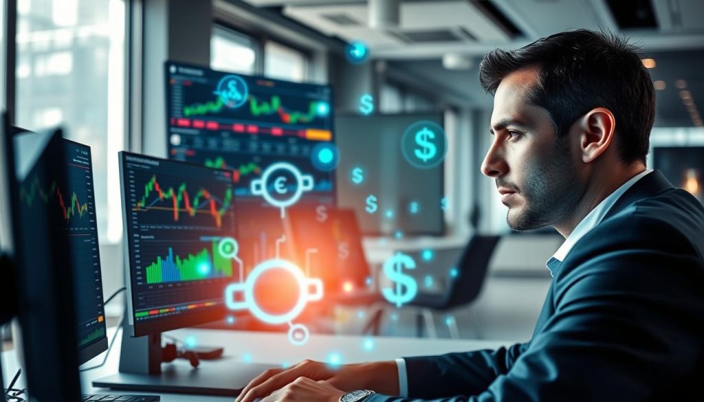 A dynamic digital workspace featuring a computer screen displaying colorful graphs and AI-powered trading signals, with a financial analysis dashboard open. In the foreground, a focused trader in a professional business suit analyzes the data, their expression reflecting concentration. The middle ground showcases floating holographic elements of currency symbols and market trends, illuminated by a cool blue and green light. The background reveals a modern office setting with large windows, allowing natural light to pour in, casting soft shadows. The atmosphere is energetic and professional, evoking a sense of innovation and precision in the forex trading world. The camera angle is slightly tilted, adding a sense of depth and capturing the essence of cutting-edge technology in finance. A dynamic digital workspace featuring a computer screen displaying colorful graphs and AI-powered trading signals, with a financial analysis dashboard open. In the foreground, a focused trader in a professional business suit analyzes the data, their expression reflecting concentration. The middle ground showcases floating holographic elements of currency symbols and market trends, illuminated by a cool blue and green light. The background reveals a modern office setting with large windows, allowing natural light to pour in, casting soft shadows. The atmosphere is energetic and professional, evoking a sense of innovation and precision in the forex trading world. The camera angle is slightly tilted, adding a sense of depth and capturing the essence of cutting-edge technology in finance.