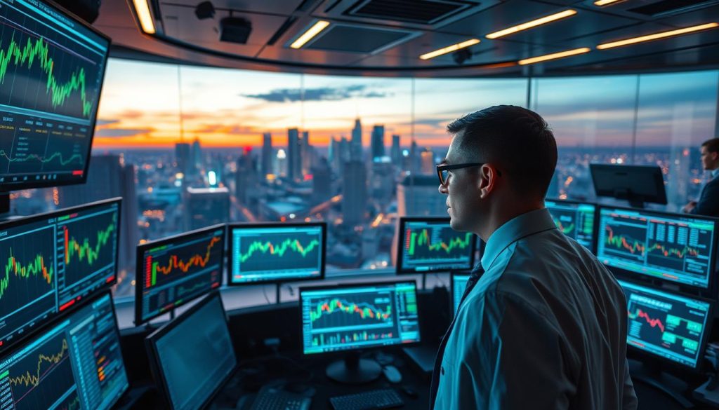 A futuristic trading room filled with glowing screens displaying various data analytics and charts related to Forex trading. In the foreground, a professional trader in business attire examines a screen with AI signal indicators, showing buy and sell patterns. In the middle ground, multiple screens depict fluctuating currency pairs and visual representations of machine learning algorithms. The background features a panoramic view of a city skyline at dusk, with neon lights reflecting the high-tech theme of trading. The lighting is dynamic and emphasizes the screens, creating a focused yet vibrant atmosphere. A sense of urgency and precision imbues the scene, highlighting the blend of traditional and AI-driven trading strategies. A futuristic trading room filled with glowing screens displaying various data analytics and charts related to Forex trading. In the foreground, a professional trader in business attire examines a screen with AI signal indicators, showing buy and sell patterns. In the middle ground, multiple screens depict fluctuating currency pairs and visual representations of machine learning algorithms. The background features a panoramic view of a city skyline at dusk, with neon lights reflecting the high-tech theme of trading. The lighting is dynamic and emphasizes the screens, creating a focused yet vibrant atmosphere. A sense of urgency and precision imbues the scene, highlighting the blend of traditional and AI-driven trading strategies.