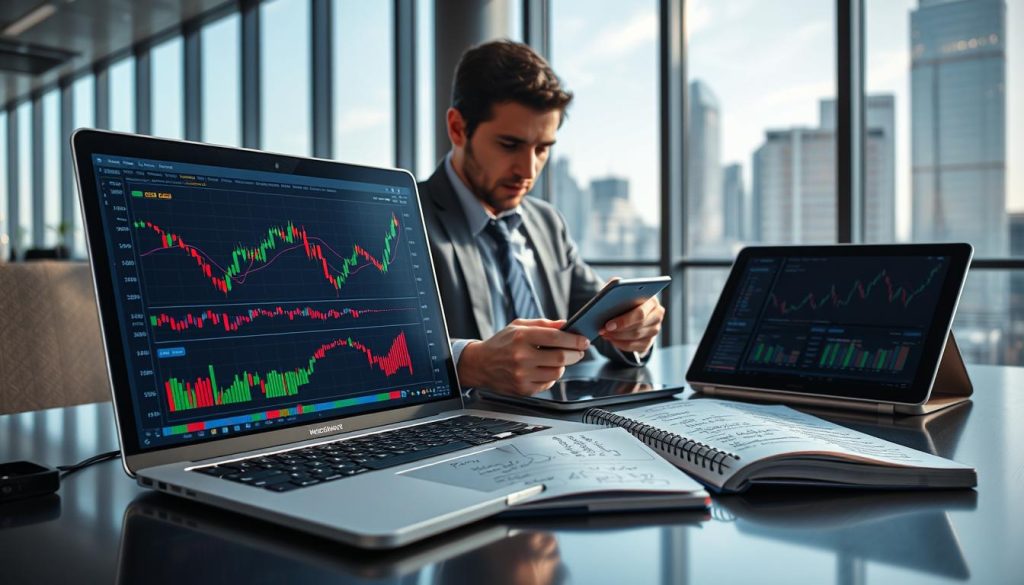 A modern digital workspace showcasing "AI Crypto Trading Signals Types." In the foreground, an elegant laptop displays various trading signal charts and graphs with colorful indicators, reflecting bullish and bearish trends. Beside the laptop, a notepad filled with handwritten notes on trading strategies and signal types is visible. In the middle ground, a professional in business attire analyzes the charts, surrounded by high-tech gadgets like a smartphone displaying crypto market updates and an AI assistant interface on a tablet. The background features a sleek office environment with large windows showing a cityscape, bathed in natural light, conveying a sense of optimism and innovation in the crypto trading realm. The overall atmosphere is focused, modern, and tech-savvy, ideal for illustrating the concept of AI-driven trading signals.