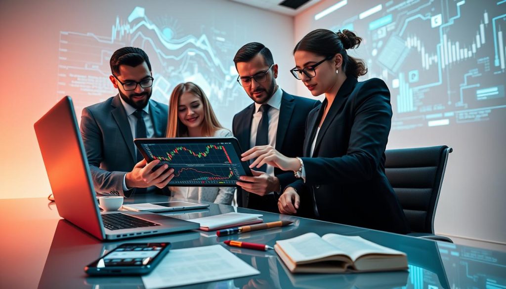 A visually engaging composition illustrating "AI Crypto Trading Signals for Beginners." In the foreground, a diverse group of three professionals—two men and one woman—in smart business attire, intently analyzing a digital tablet displaying colorful graphs and trading indicators. The middle ground features a sleek, modern desk cluttered with various trading gadgets, like a laptop, a smartphone with trading apps open, and a notepad filled with notes. The background showcases a high-tech office environment with abstract digital data visualizations projected on a wall, enhancing the futuristic atmosphere. Soft, diffused lighting casts a warm glow over the scene, creating an inviting yet focused ambiance. The angle is slightly low, emphasizing the importance of the figures and their tools in the context of learning crypto trading through AI signals.
