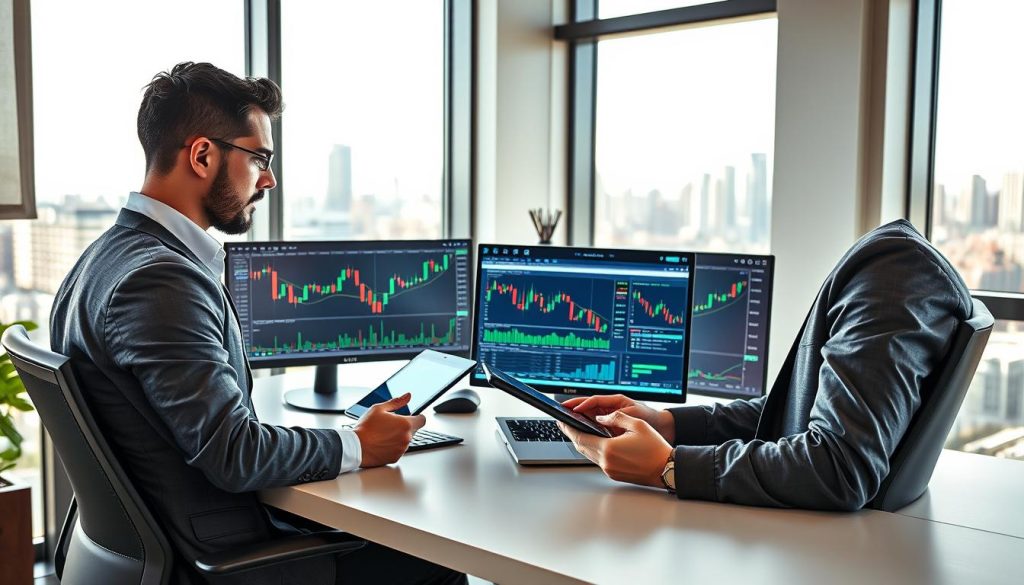 A visually engaging, modern workspace featuring a sleek, ergonomic desk with multiple monitors displaying various free crypto trading indicators, such as candlestick charts, trend lines, and trading volumes. In the foreground, a professional trader in smart casual attire is analyzing the charts with a focused expression, using a tablet to make notes. The middle ground showcases a stylish laptop open with trading software on the screen. The background includes a large window with a city skyline, allowing natural light to fill the room, creating a vibrant atmosphere. The overall mood is one of concentration and motivation, emphasizing the tools available for successful trading. The lighting is bright and clear, casting soft shadows to highlight the workspace without distractions.