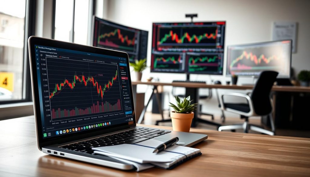 A visually engaging workspace displaying various risk management tools for day trading. In the foreground, a sleek laptop screen showcases sophisticated trading software with charts, risk analysis graphs, and performance tracking metrics. Beside it, a notepad and a pen are neatly arranged. In the middle ground, a modern desk with multiple monitors is equipped with streaming market data, candlestick charts, and alerts. A small potted plant adds a touch of greenery. The background features a softly lit room with a large window, allowing natural light to filter in, casting soft shadows. The mood is focused and professional, evoking a sense of determination and strategic planning ideal for traders. The perspective is slightly angled to draw the viewer into the scene, emphasizing the tools essential for effective risk management in day trading.