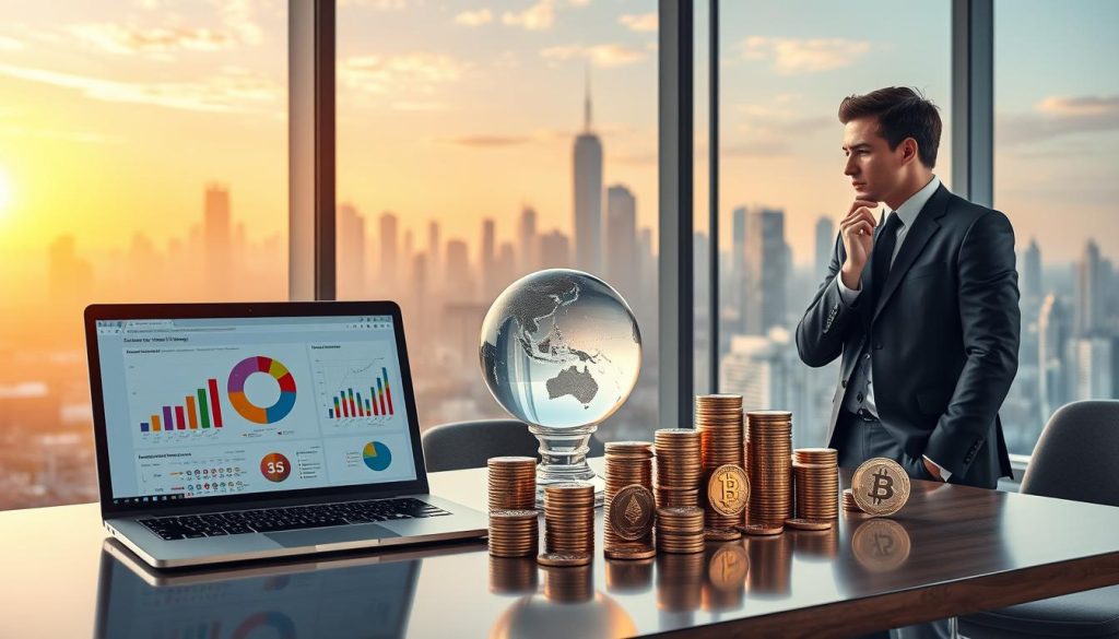 A visually engaging workspace illustrating "crypto portfolio diversification." In the foreground, a sleek modern desk with a laptop displaying colorful pie charts and graphs reflecting various cryptocurrencies. In the middle, an elegant crystal globe representing global finance, surrounded by stacks of coins symbolizing different crypto assets, such as Bitcoin, Ethereum, and altcoins, artfully arranged. The background features a large window showing a futuristic city skyline bathed in soft, natural light during sunset, casting warm hues over the scene. A professional individual in modest business attire, standing beside the desk, thoughtfully analyzing investment strategies. The overall mood conveys innovation, stability, and sophistication in the realm of cryptocurrency investment. A visually engaging workspace illustrating "crypto portfolio diversification." In the foreground, a sleek modern desk with a laptop displaying colorful pie charts and graphs reflecting various cryptocurrencies. In the middle, an elegant crystal globe representing global finance, surrounded by stacks of coins symbolizing different crypto assets, such as Bitcoin, Ethereum, and altcoins, artfully arranged. The background features a large window showing a futuristic city skyline bathed in soft, natural light during sunset, casting warm hues over the scene. A professional individual in modest business attire, standing beside the desk, thoughtfully analyzing investment strategies. The overall mood conveys innovation, stability, and sophistication in the realm of cryptocurrency investment.