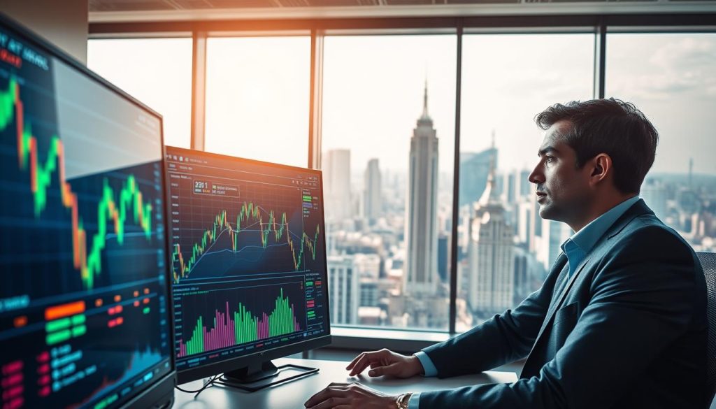 An abstract representation of "AI Trading Strategy" in a high-tech trading environment. In the foreground, a sleek computer monitor displays dynamic stock graphs and AI-generated trading signals, with vibrant data points and indicators glowing. The middle ground features a professional in business attire, intently analyzing the data on the screen, their expression focused and forward-thinking. In the background, a modern office with large windows overlooks a bustling cityscape, symbolizing growth and opportunity. Bright, natural light floods the room, creating a motivating atmosphere. The angle is slightly elevated, providing a clear view of the trading setup and the city beyond. The mood is one of innovation and ambition, capturing the essence of utilizing AI in stock trading. An abstract representation of "AI Trading Strategy" in a high-tech trading environment. In the foreground, a sleek computer monitor displays dynamic stock graphs and AI-generated trading signals, with vibrant data points and indicators glowing. The middle ground features a professional in business attire, intently analyzing the data on the screen, their expression focused and forward-thinking. In the background, a modern office with large windows overlooks a bustling cityscape, symbolizing growth and opportunity. Bright, natural light floods the room, creating a motivating atmosphere. The angle is slightly elevated, providing a clear view of the trading setup and the city beyond. The mood is one of innovation and ambition, capturing the essence of utilizing AI in stock trading.